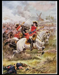 Marlborough fører angrebet, illustration fra "Glorious Battles of English History" af major C.H. Wylly, 1920